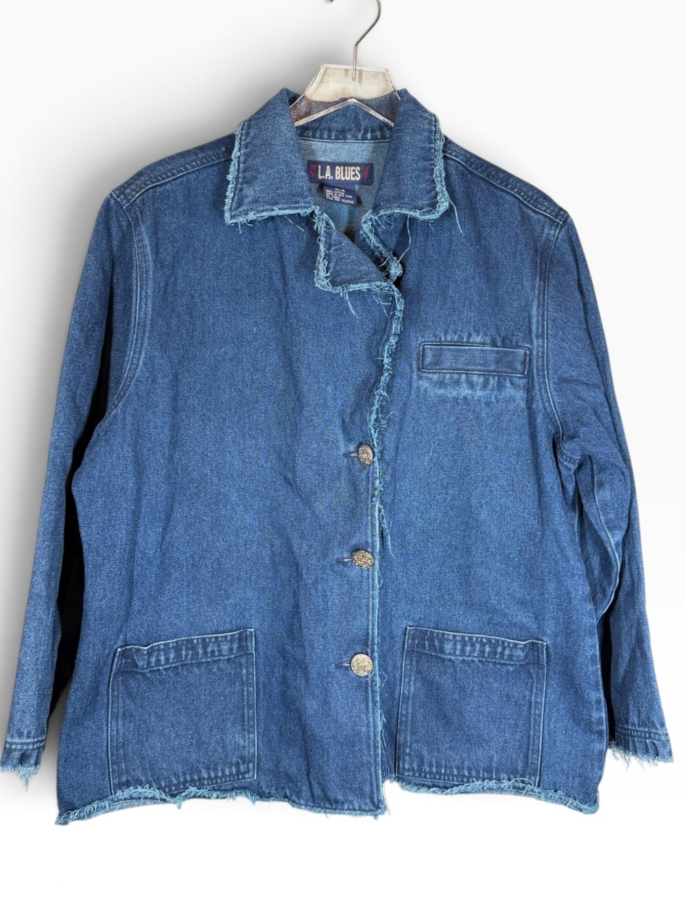 L.A. Blues Women's Denim Jacket in Blue Vintage Plus Size 14/16 Raw Edge Trim